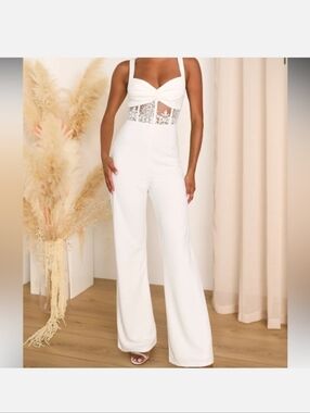 Lulus White Lace-Panel Wide Leg Jumpsuit, EUC